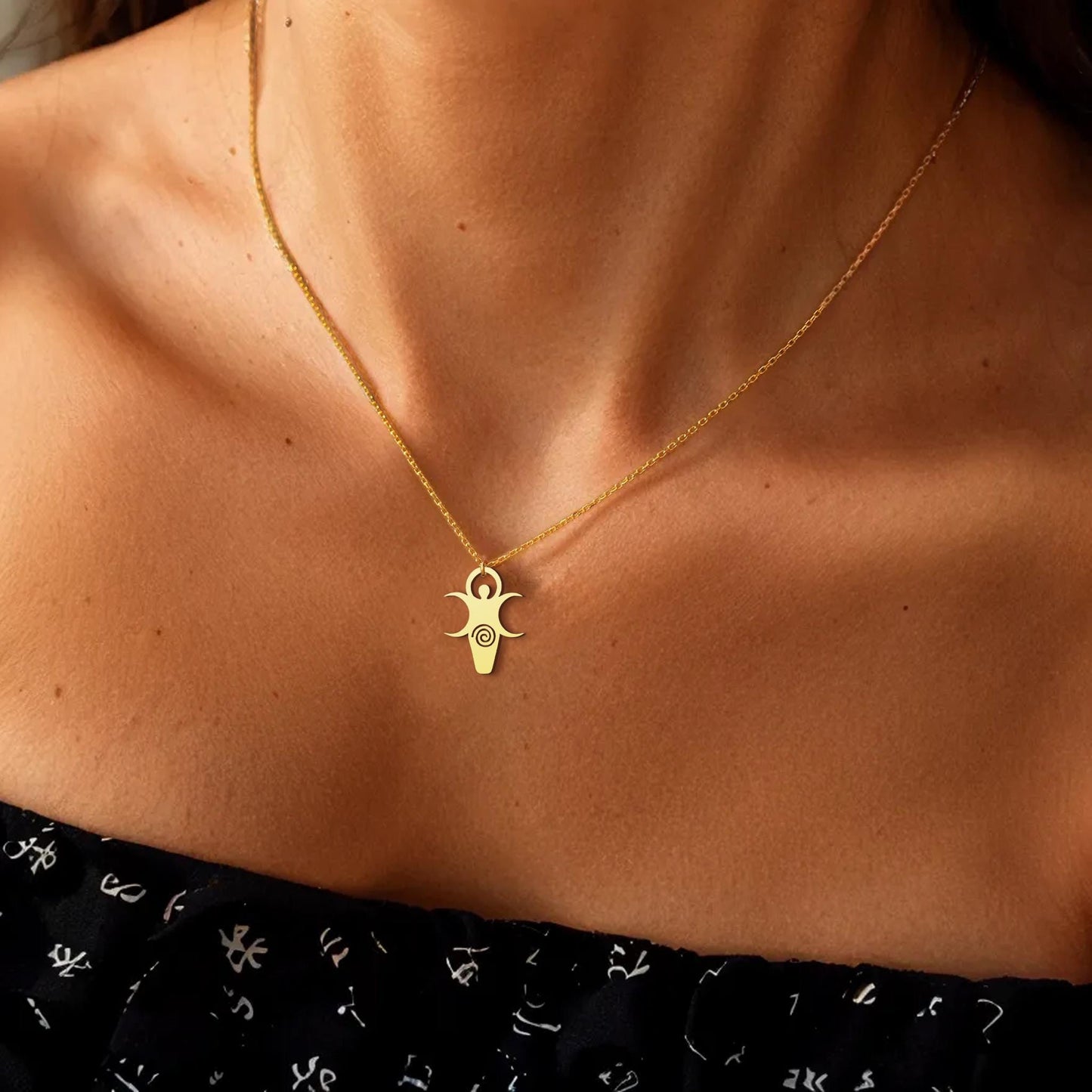Triple Moon Goddess Necklace | 18K Gold Dainty Lunar Jewelry | Minimalist Wiccan Necklace Gift for Her | Spiral Moon Goddess Necklace