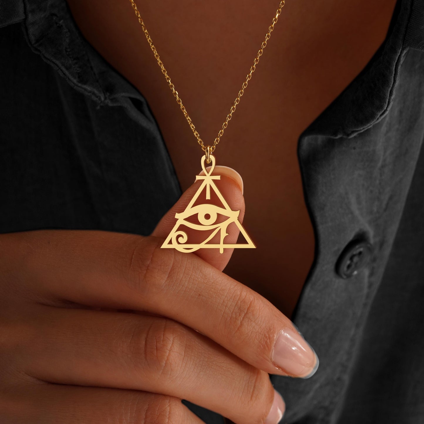 Eye of Horus Triangle Necklace • Egyptian Symbol Pendant • Spiritual Protection Jewelry • Ankh & Eye of Ra Necklace
