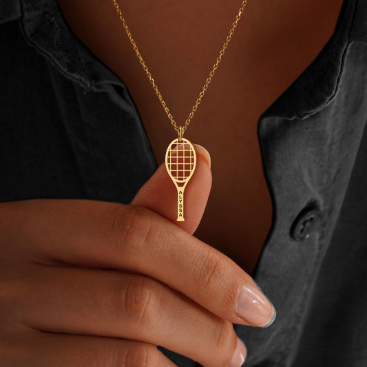 Tennis Racket Necklace, Personalized Tennis Pendant, Tennis Necklace, Tennis Lover Gift, Gold Sports Charm Necklace, Gift for Tennis Players