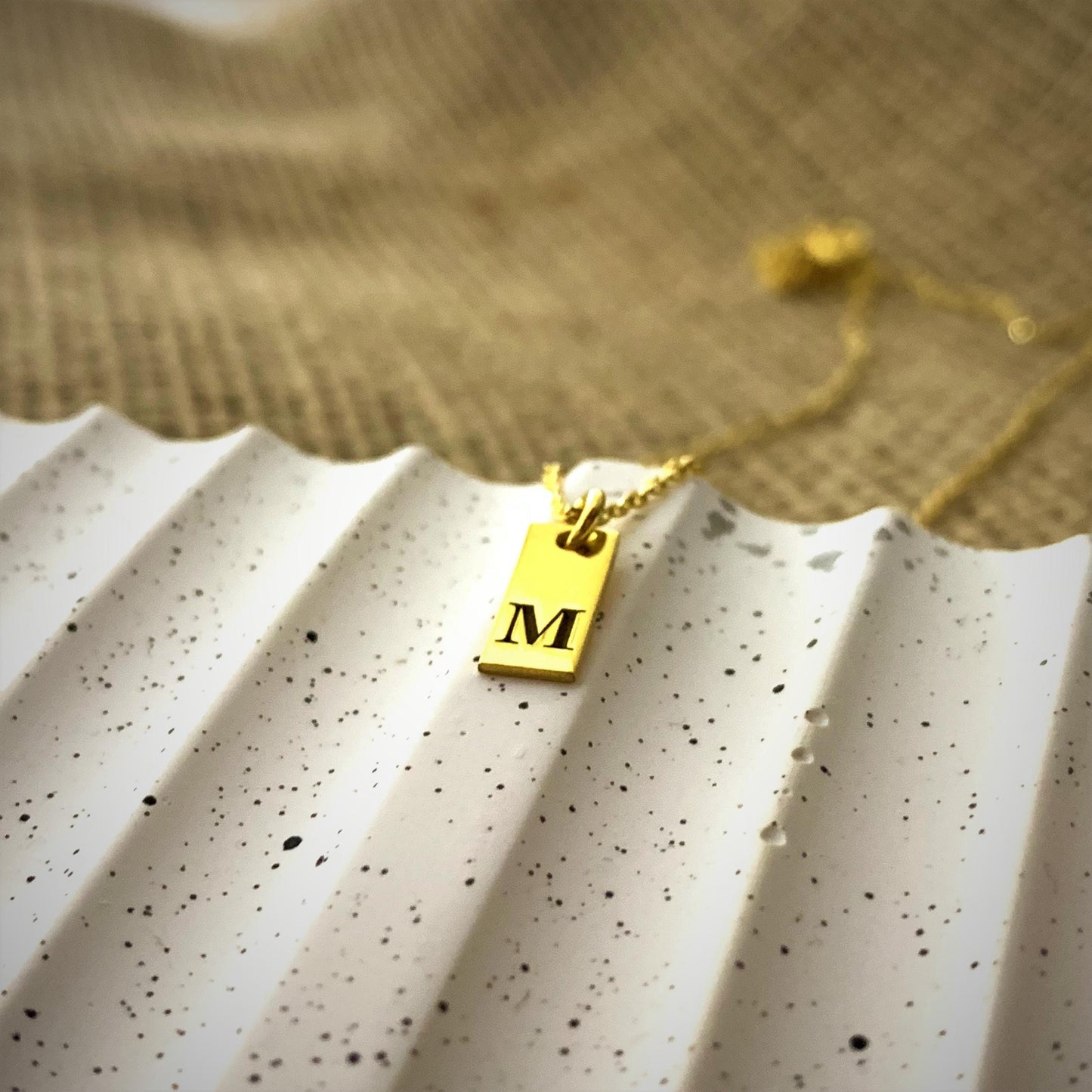 Custom Initial Tag Necklace, Gold Letter Bar Pendant, Engraved Letter Necklace, Tiny Tag Charm, Rectangle Tag Necklace