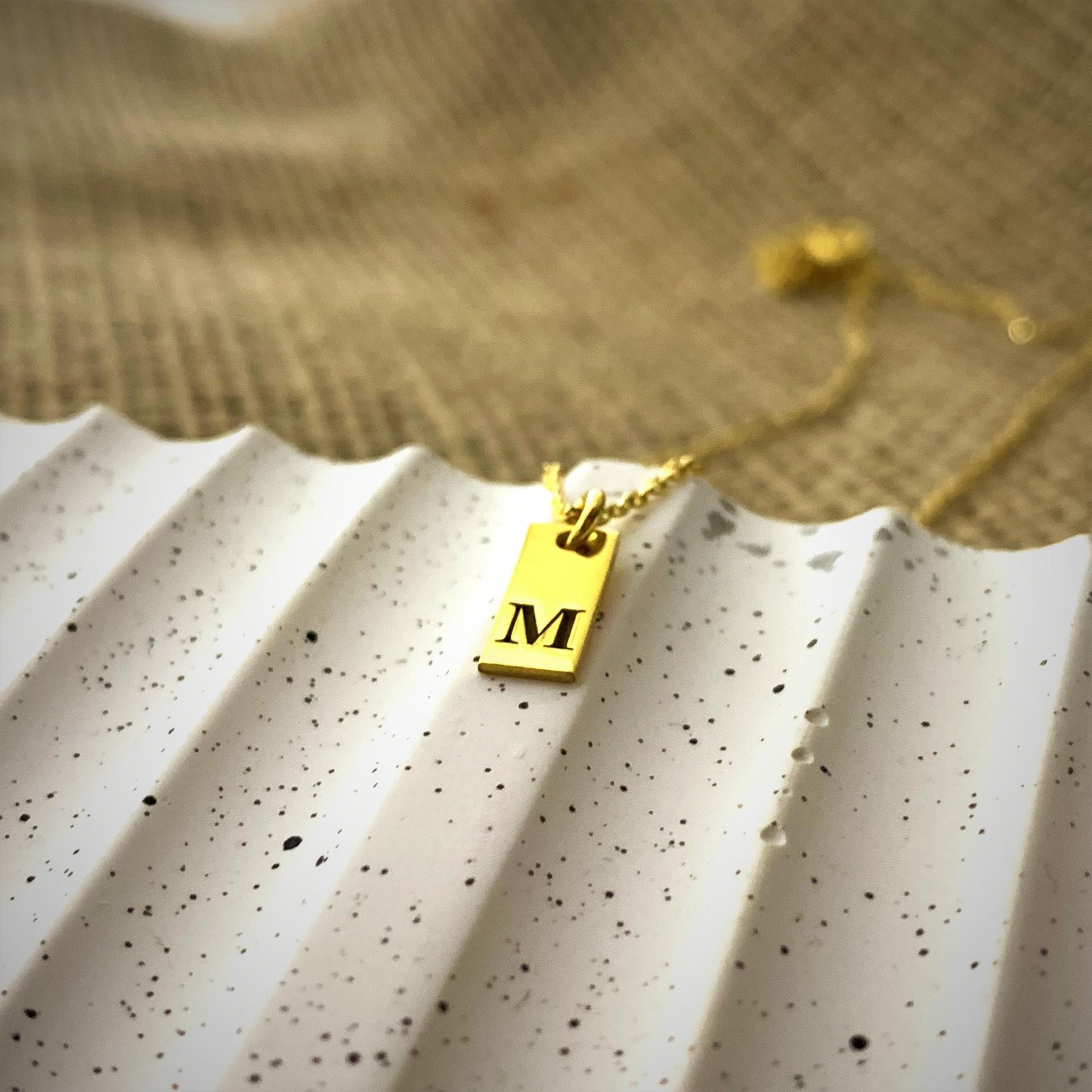 Custom Initial Tag Necklace, Gold Letter Bar Pendant, Engraved Letter Necklace, Tiny Tag Charm, Rectangle Tag Necklace