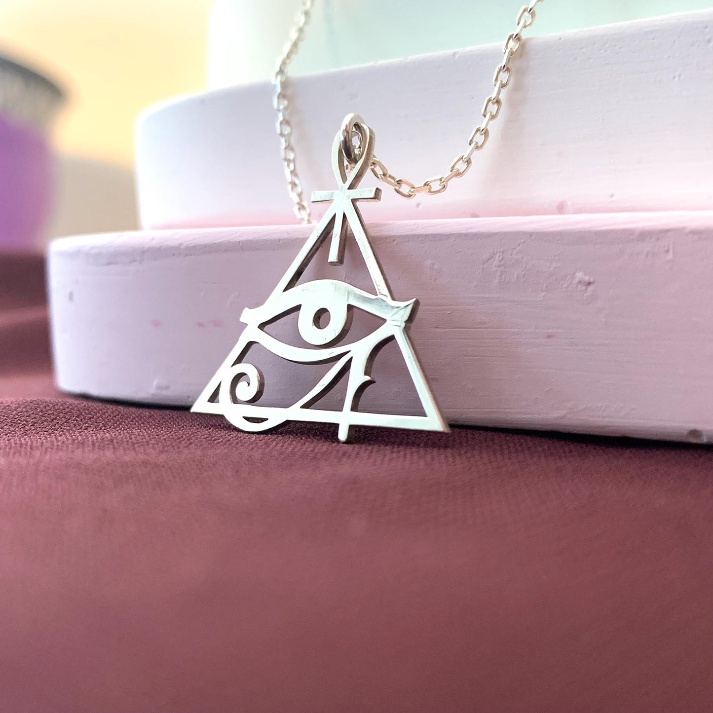 Eye of Horus Triangle Necklace • Egyptian Symbol Pendant • Spiritual Protection Jewelry • Ankh & Eye of Ra Necklace
