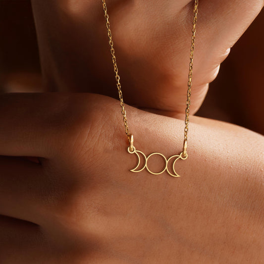 18K Gold Triple Moon Phase Goddess Necklace, Tiny Moon Necklace, Triple Moon Goddess Pendant, Crescent Moon Necklace, Witchy Jewelry