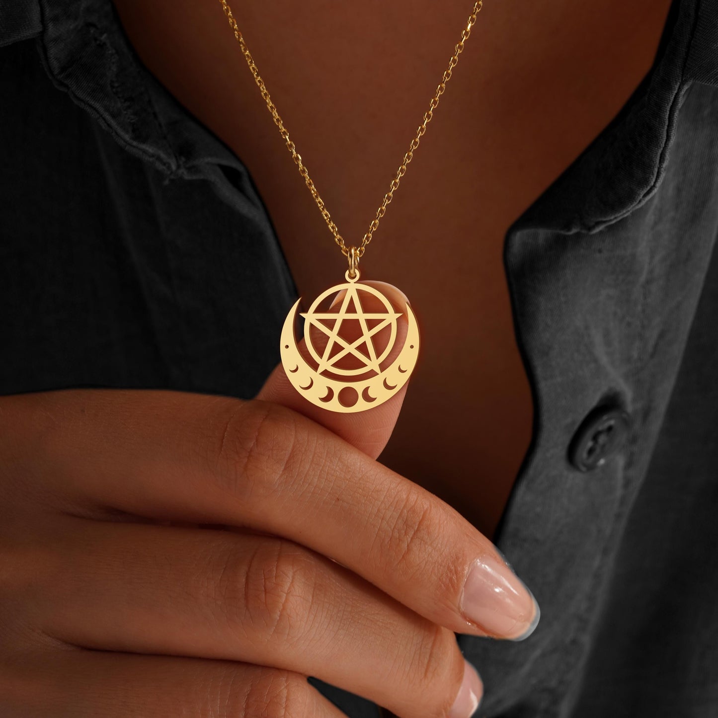 Moon Phase Goddess Necklace: Gold Pentagram Crescent Pendant, Wiccan Celestial Jewelry Gift