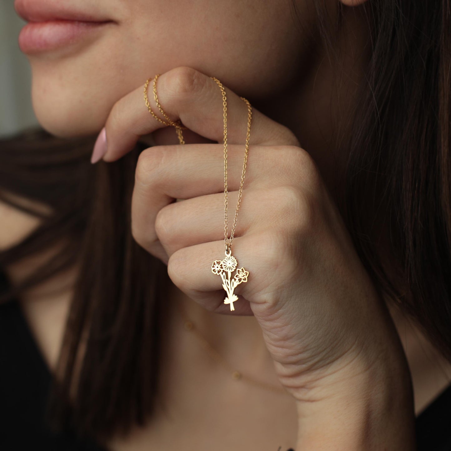 Personalized Multiple Birth Flower Necklace: Birth Month Flower Family Bouquet Jewelry