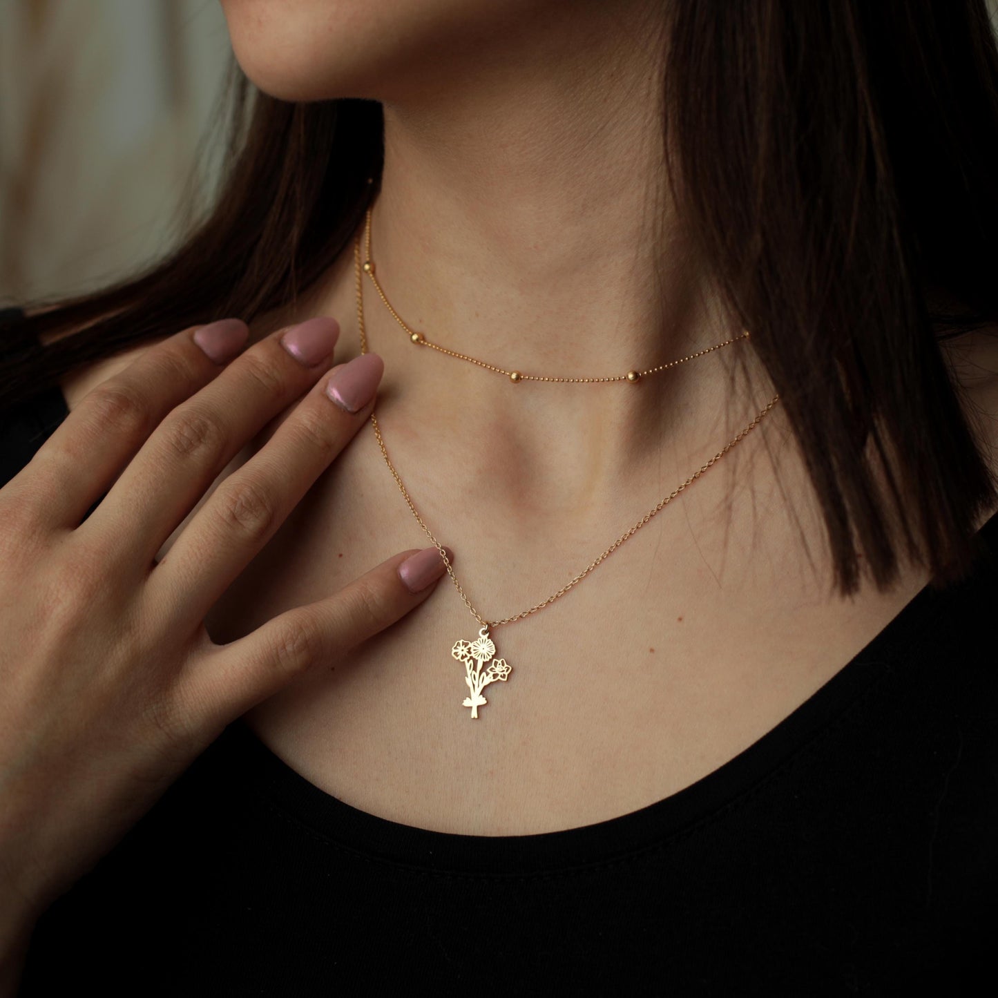 Personalized Multiple Birth Flower Necklace: Birth Month Flower Family Bouquet Jewelry
