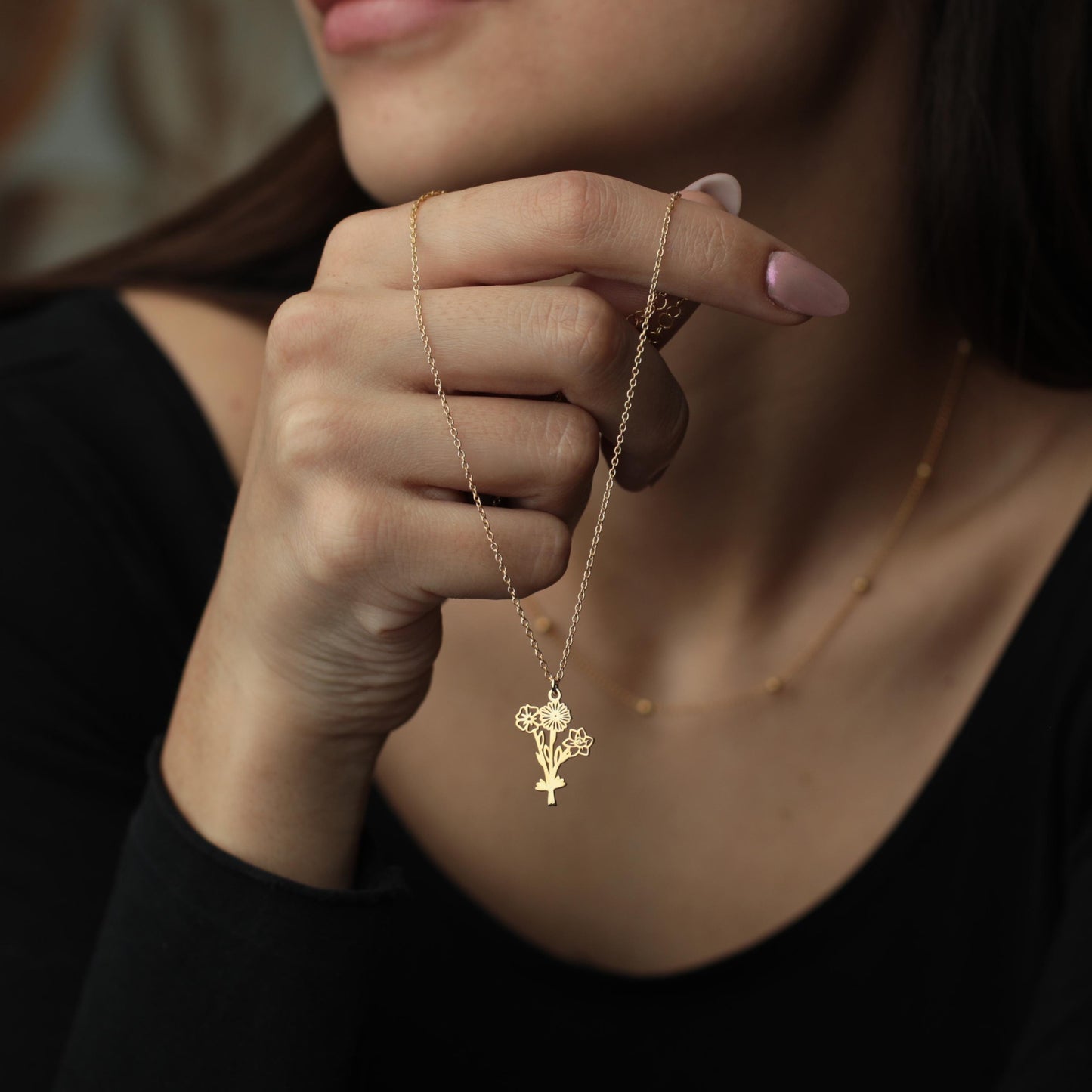 Personalized Multiple Birth Flower Necklace: Birth Month Flower Family Bouquet Jewelry