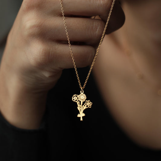Personalized Multiple Birth Flower Necklace: Birth Month Flower Family Bouquet Jewelry