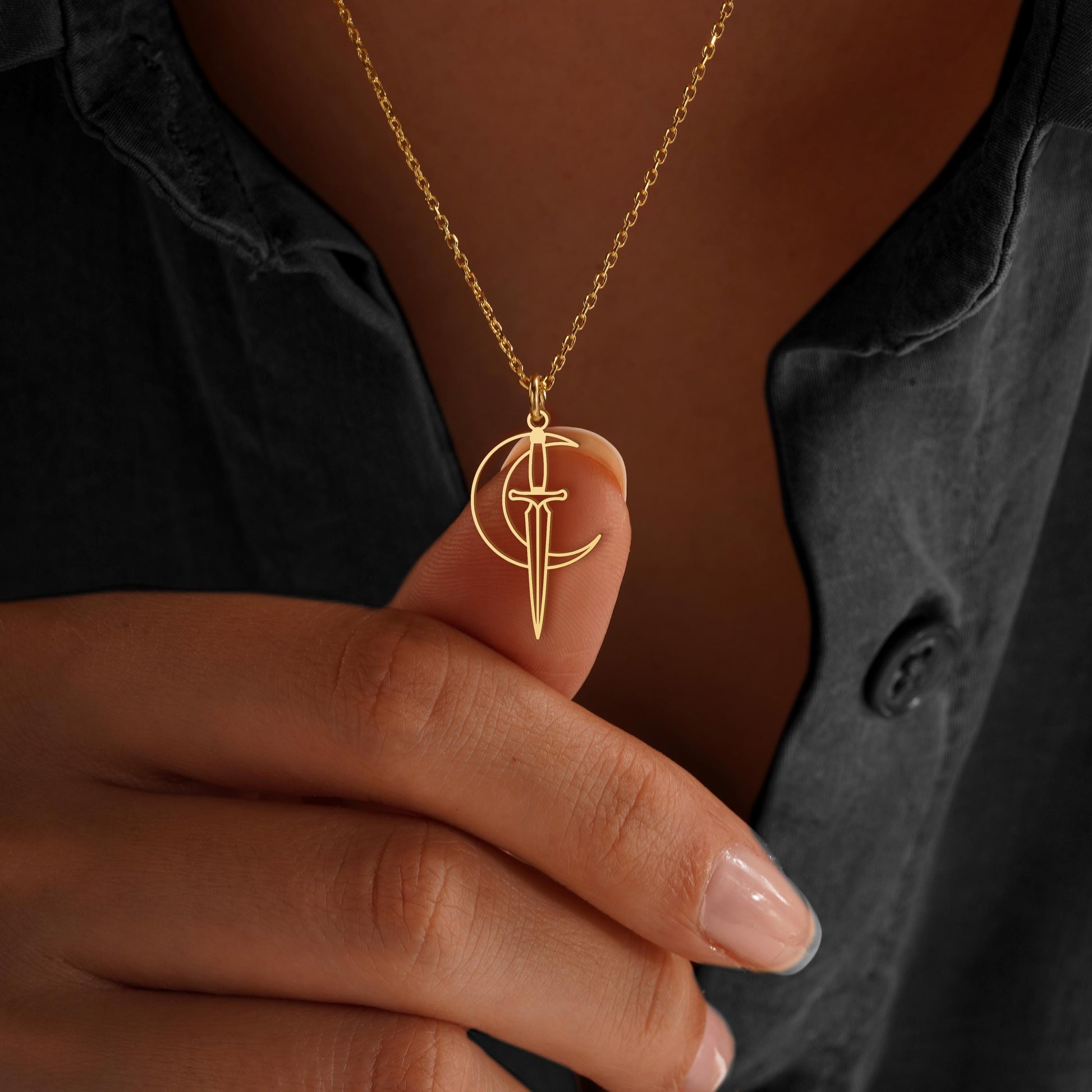 Moon and Dagger Necklace: Gold Celestial Pendant, Crescent Moon and Sword Necklace, Gothic Symbolic Jewelry Gift for Her