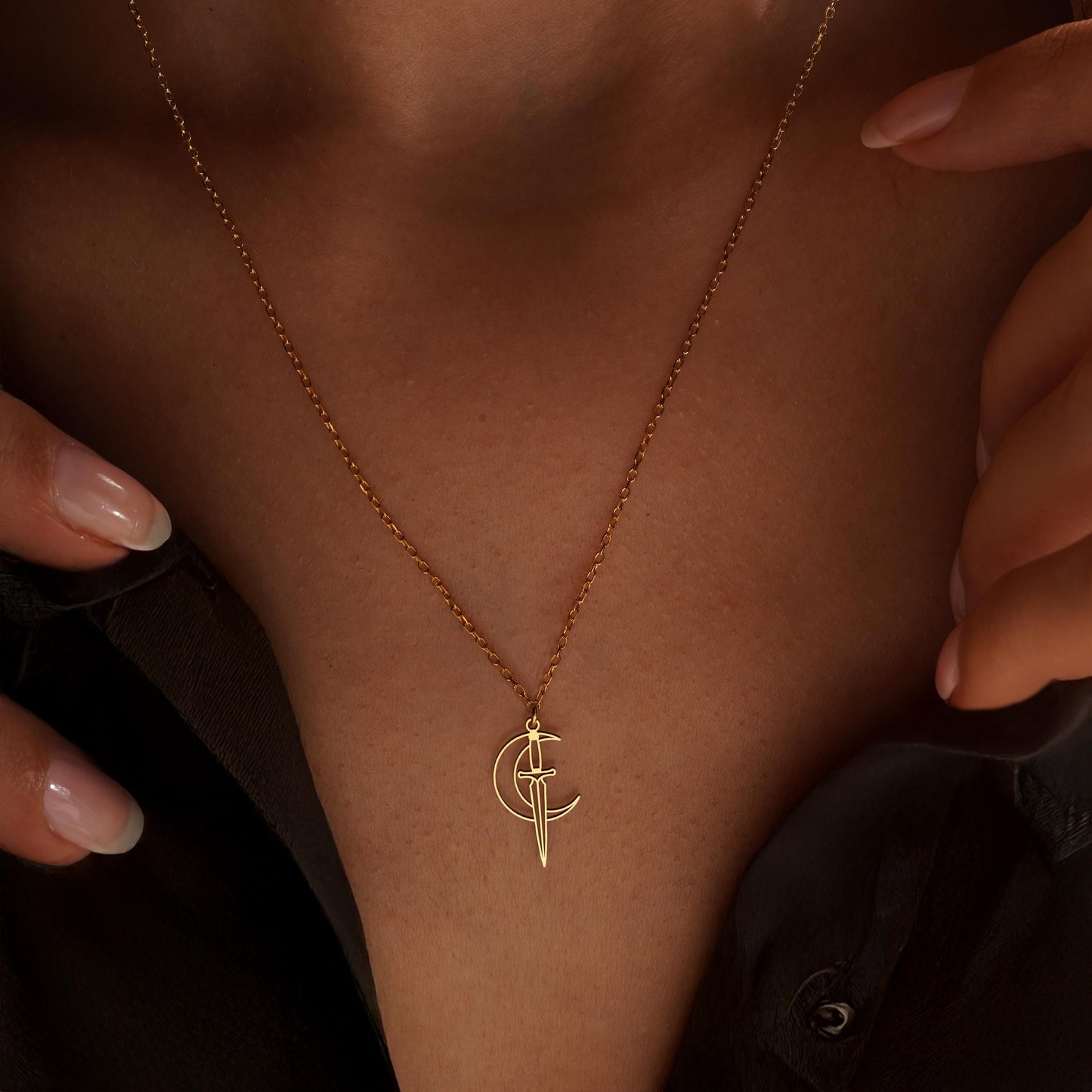 Moon and Dagger Necklace: Gold Celestial Pendant, Crescent Moon and Sword Necklace, Gothic Symbolic Jewelry Gift for Her
