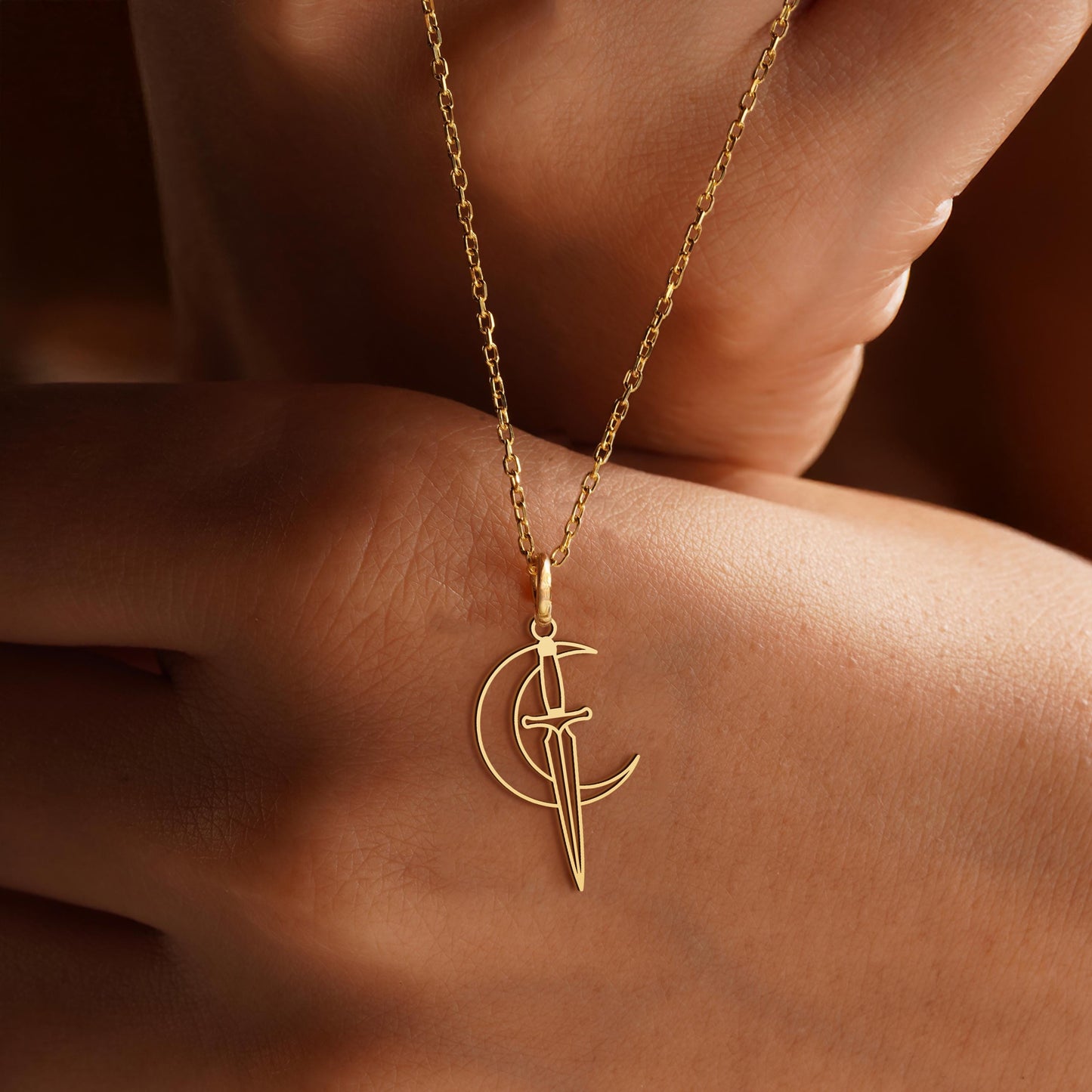 Moon and Dagger Necklace: Gold Celestial Pendant, Crescent Moon and Sword Necklace, Gothic Symbolic Jewelry Gift for Her