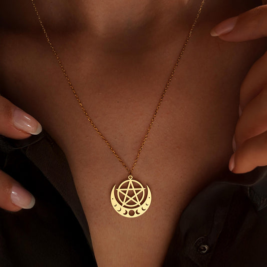 Moon Phase Goddess Necklace: Gold Pentagram Crescent Pendant, Wiccan Celestial Jewelry Gift