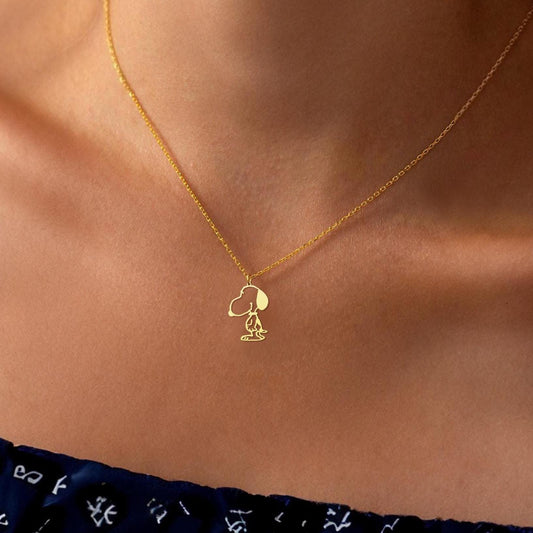Snoopy Necklace, Gold Cartoon Dog Pendant - Iconic Character Necklace, Fun Jewelry - Sterling Silver Snoopy Charm, Gold Dog Pendant