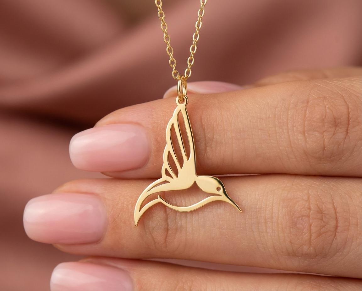 Hummingbird Necklace, Gold Plated Sterling Silver Bird Pendant, Dainty Animal Jewelry, Nature Lover Gift for Her, Minimalist Flying Charm