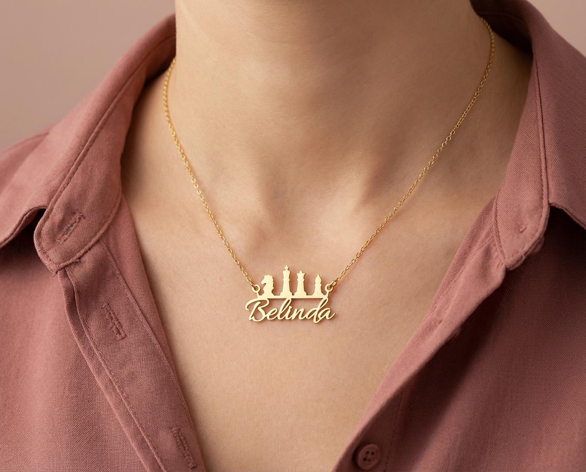Personalized Name Necklace with Chess Pieces, 18K Gold Plated Nameplate, Custom Gift for Her, Unique Hobby Jewelry, Silver Chess Pendant