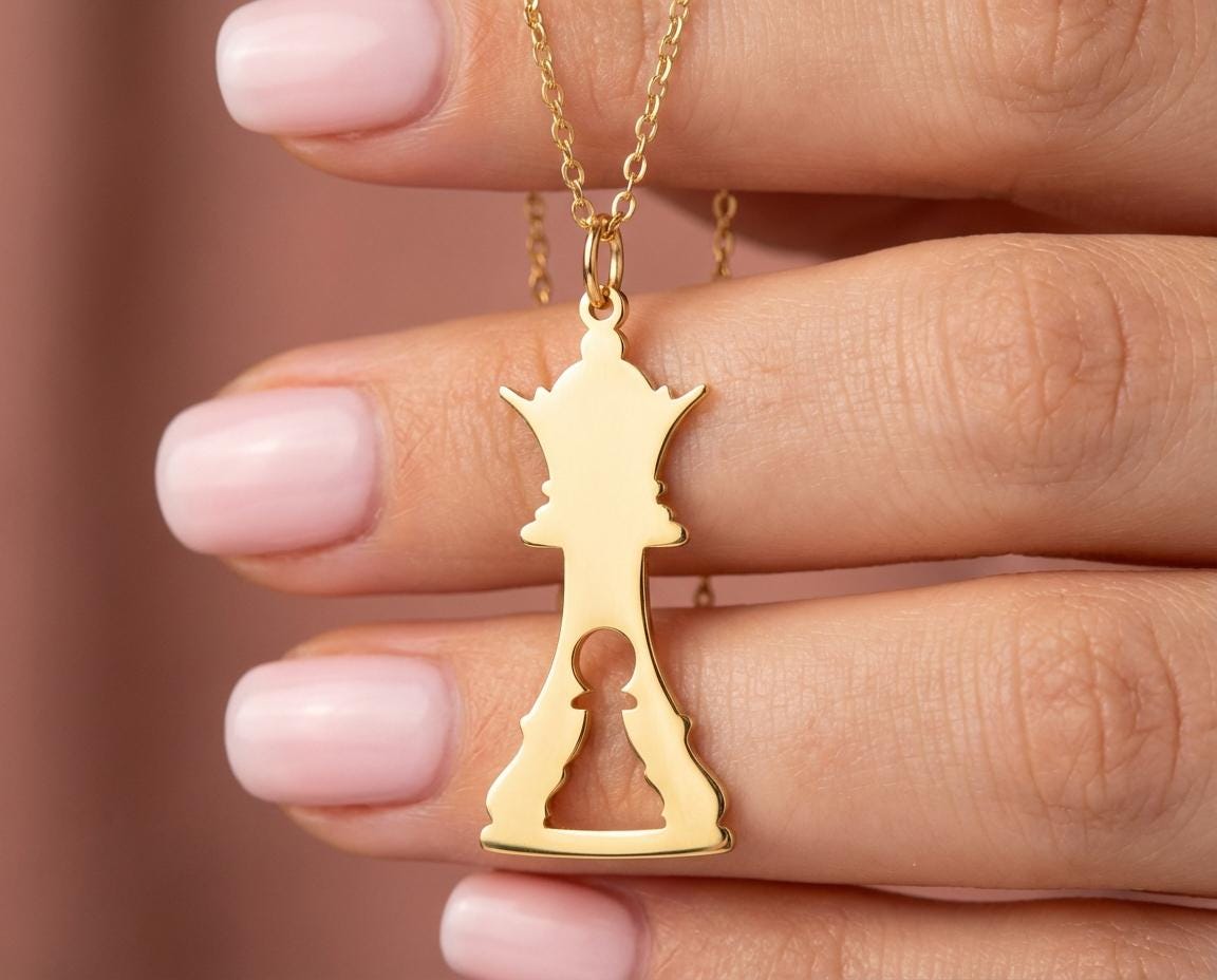 Gold Chess Queen Necklace, Pawn Inside Queen Pendant, Strategy Game Lover Gift, Grandmaster Jewelry, Checkmate Charm, Board Game Accessory
