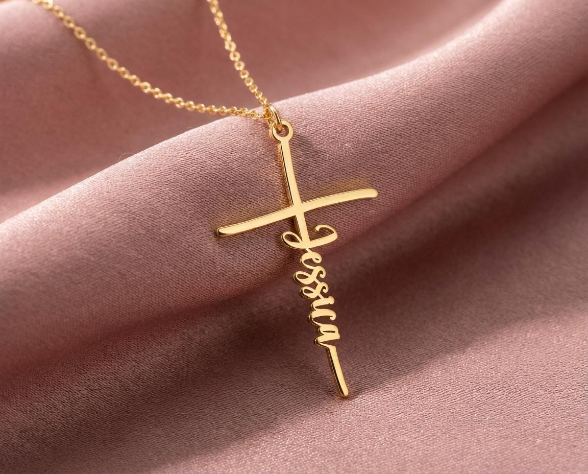 Gold Cross Name Necklace, Sterling Silver Custom Nameplate, Christian Jewelry for Women, Christmas Gift for Mom, Vertical Name Cross Pendant