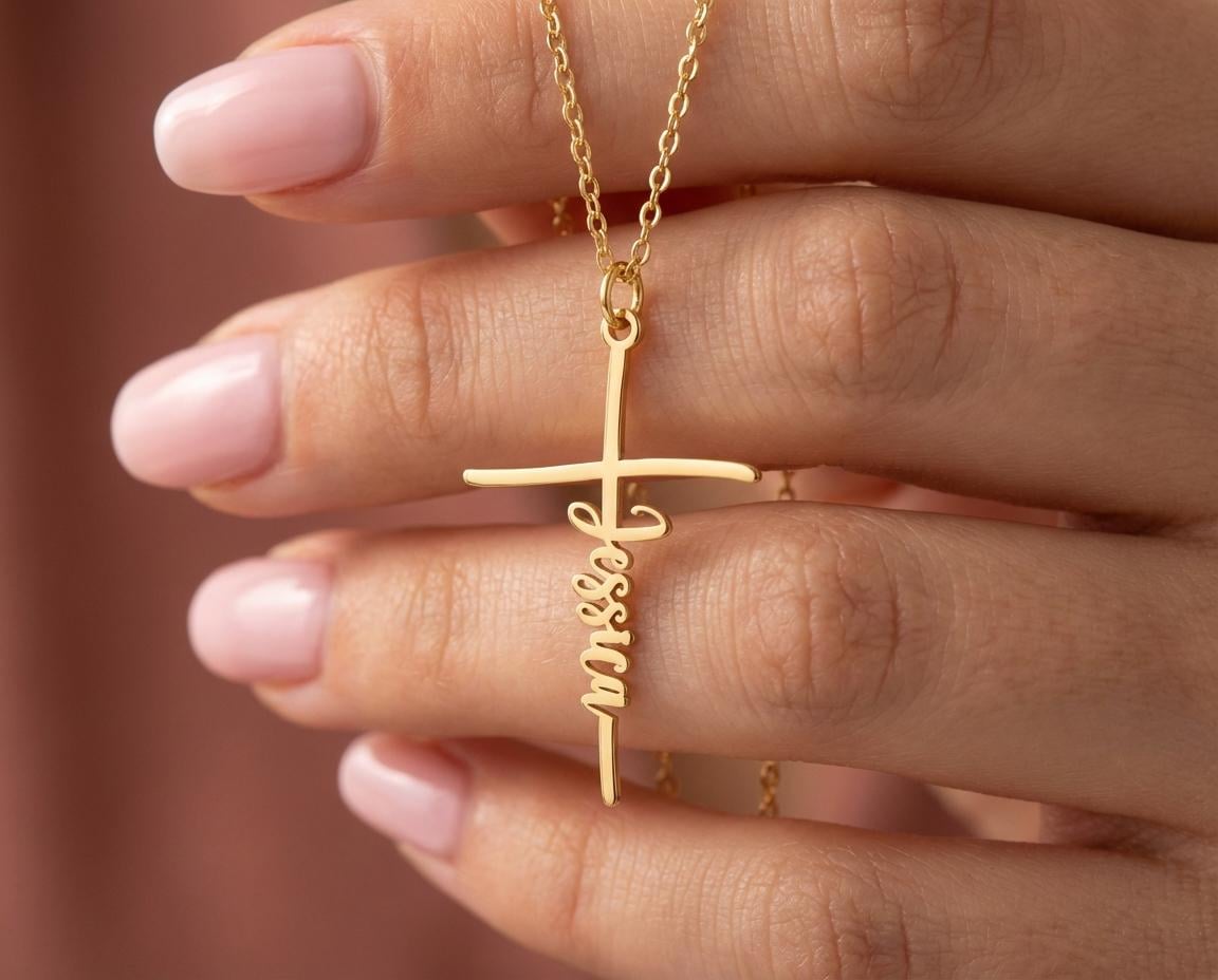 Gold Cross Name Necklace, Sterling Silver Custom Nameplate, Christian Jewelry for Women, Christmas Gift for Mom, Vertical Name Cross Pendant
