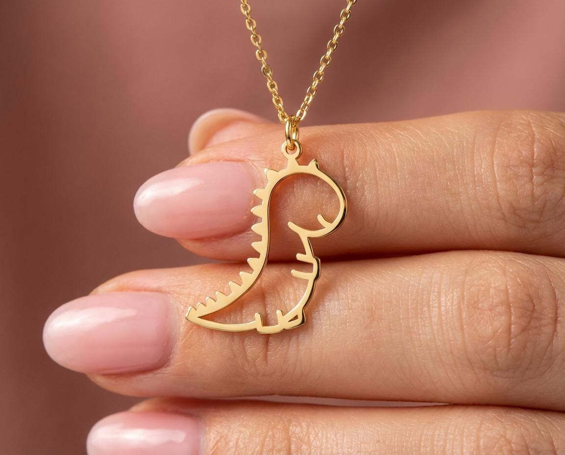 Cute Dinosaur Necklace, Gold Dino Pendant, Minimalist Animal Jewelry, T-Rex Charm, Fun Quirky Necklace, Gift for Dinosaur Lover, Jurassic