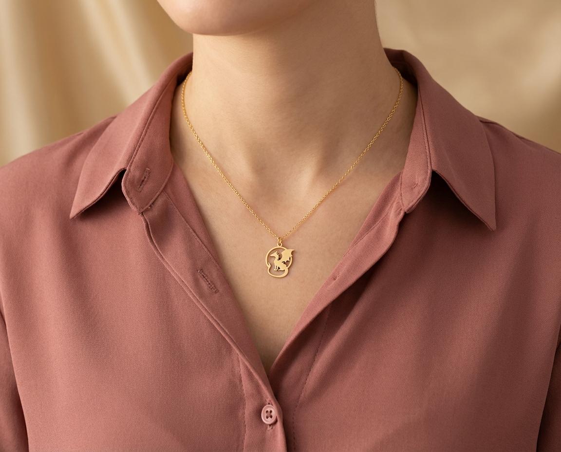 Gold Dragon Pendant, Cutout Circle Necklace, Sterling Silver Dragon Silhouette, Minimalist Animal Jewelry, Unique Statement Necklace