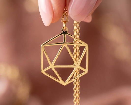 Geometric Icosahedron Necklace, Gold D20 Pendant, Sacred Geometry Jewelry, Minimalist Math Gift, Abstract Hexagon Charm, Science Jewelry