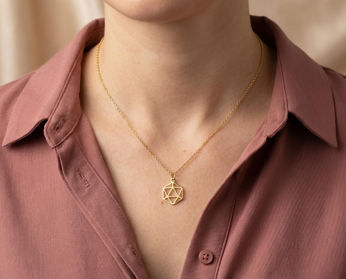 Geometric Icosahedron Necklace, Gold D20 Pendant, Sacred Geometry Jewelry, Minimalist Math Gift, Abstract Hexagon Charm, Science Jewelry