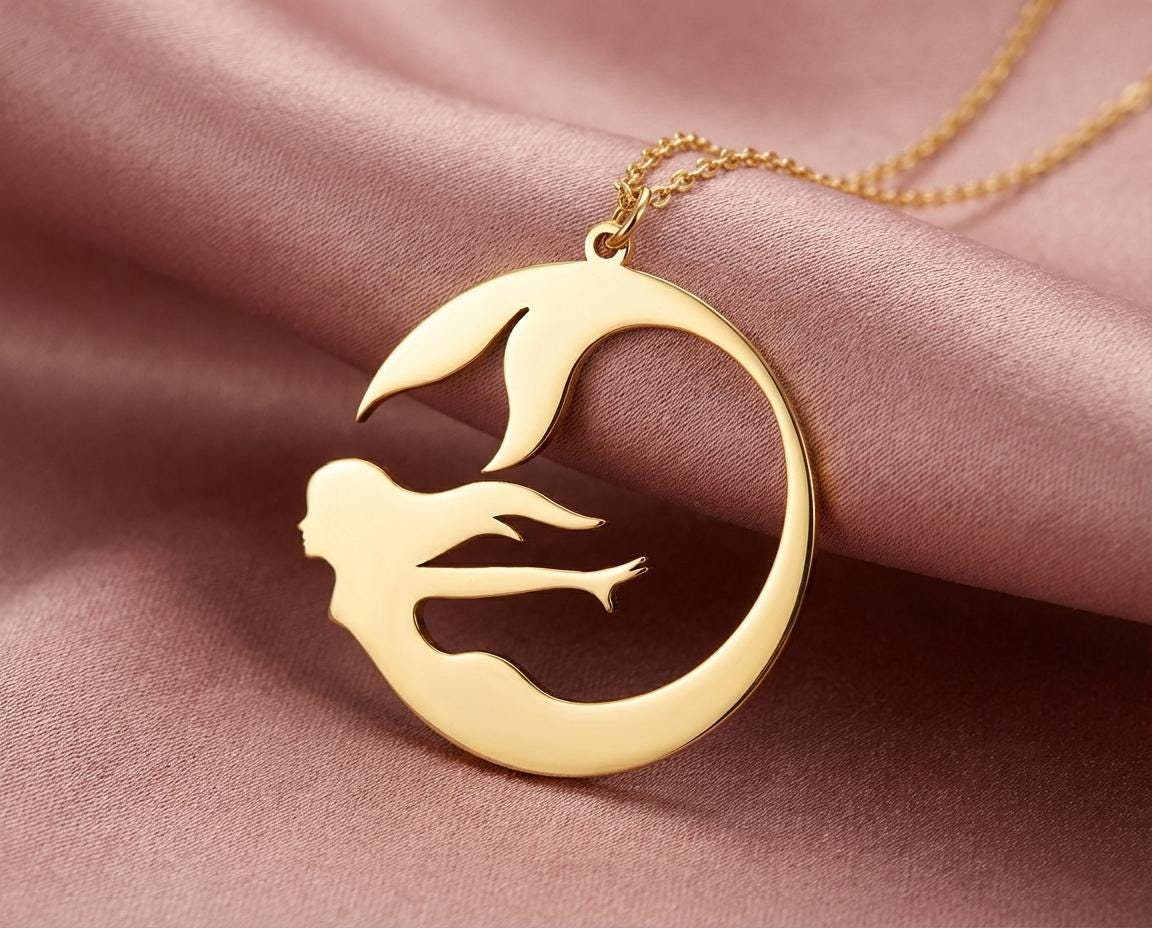 Gold Siren Necklace, Mythical Creature Pendant, Fantasy Jewelry, Fairy Tale Charm, Magical Gift for Her, Spirit of the Sea, Little Mermaid