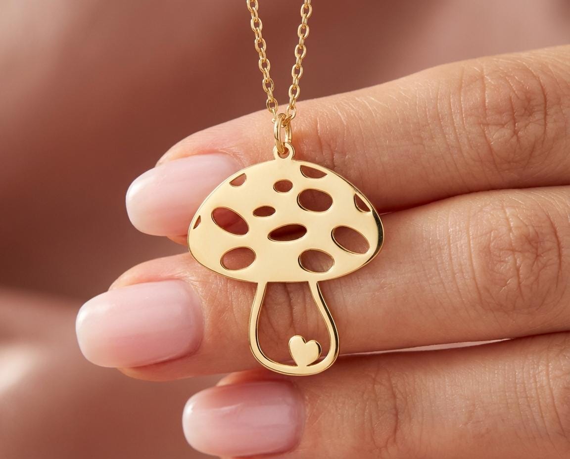 Mushroom Necklace with Heart, Tiny Gold Toadstool, Fun Quirky Jewelry, Best Friend Gift, Dainty Charm Necklace, Teen Girl Gift, Happy Vibes