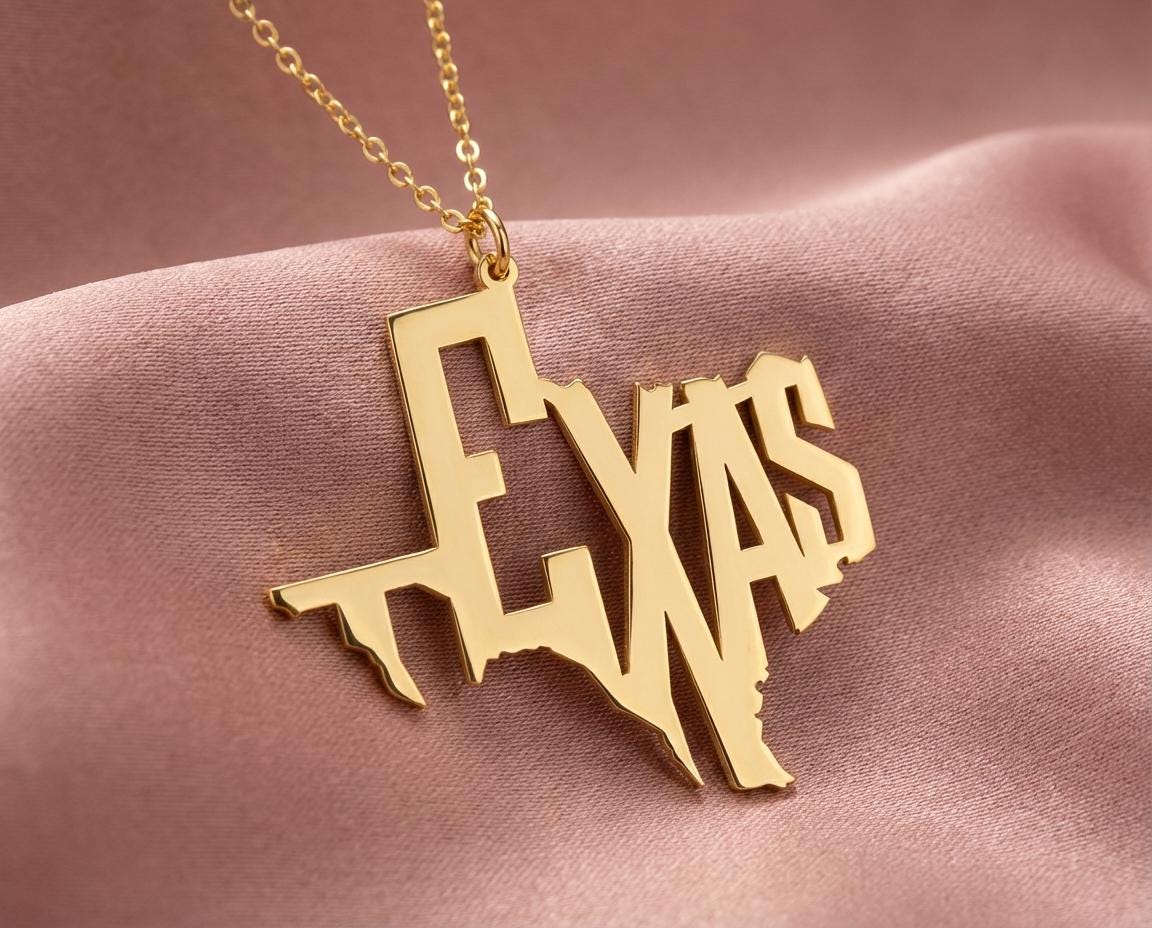 Western Jewelry, Cowgirl Necklace, Texas Script Pendant, Southern Belle Gift, Rodeo Jewelry, Country Style Necklace, 18K Gold Plated