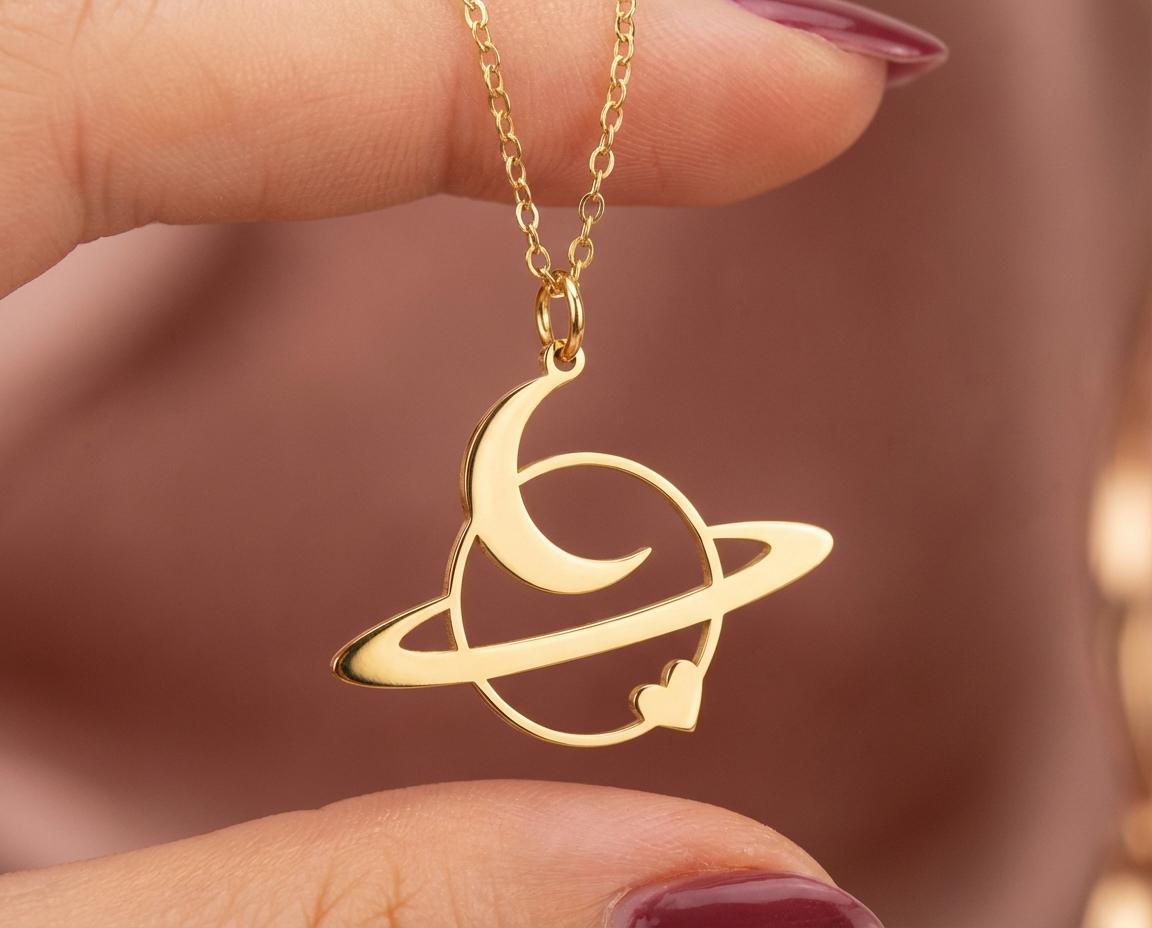 Gold Planet Necklace, Crescent Moon and Heart Pendant, Celestial Jewelry, Saturn Charm, Space Lover Gift, Sterling Silver Galaxy Necklace