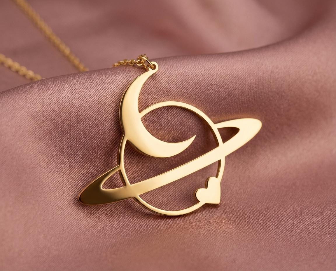 Gold Planet Necklace, Crescent Moon and Heart Pendant, Celestial Jewelry, Saturn Charm, Space Lover Gift, Sterling Silver Galaxy Necklace