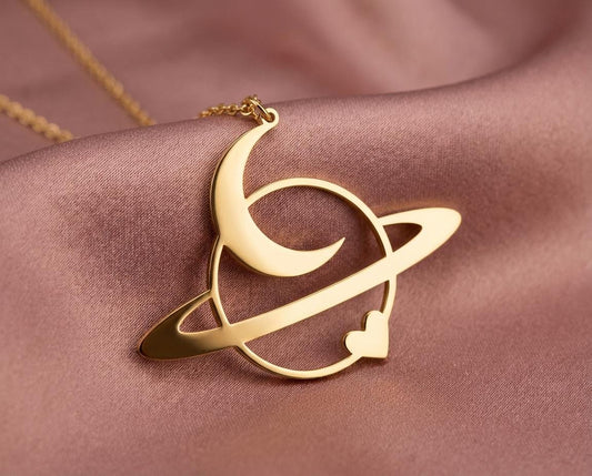 Gold Planet Necklace, Crescent Moon and Heart Pendant, Celestial Jewelry, Saturn Charm, Space Lover Gift, Sterling Silver Galaxy Necklace