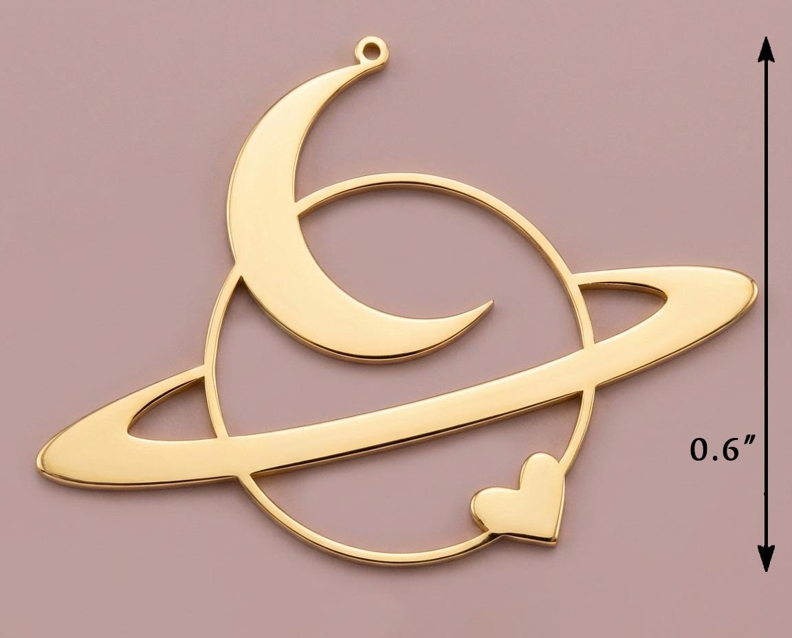Gold Planet Necklace, Crescent Moon and Heart Pendant, Celestial Jewelry, Saturn Charm, Space Lover Gift, Sterling Silver Galaxy Necklace