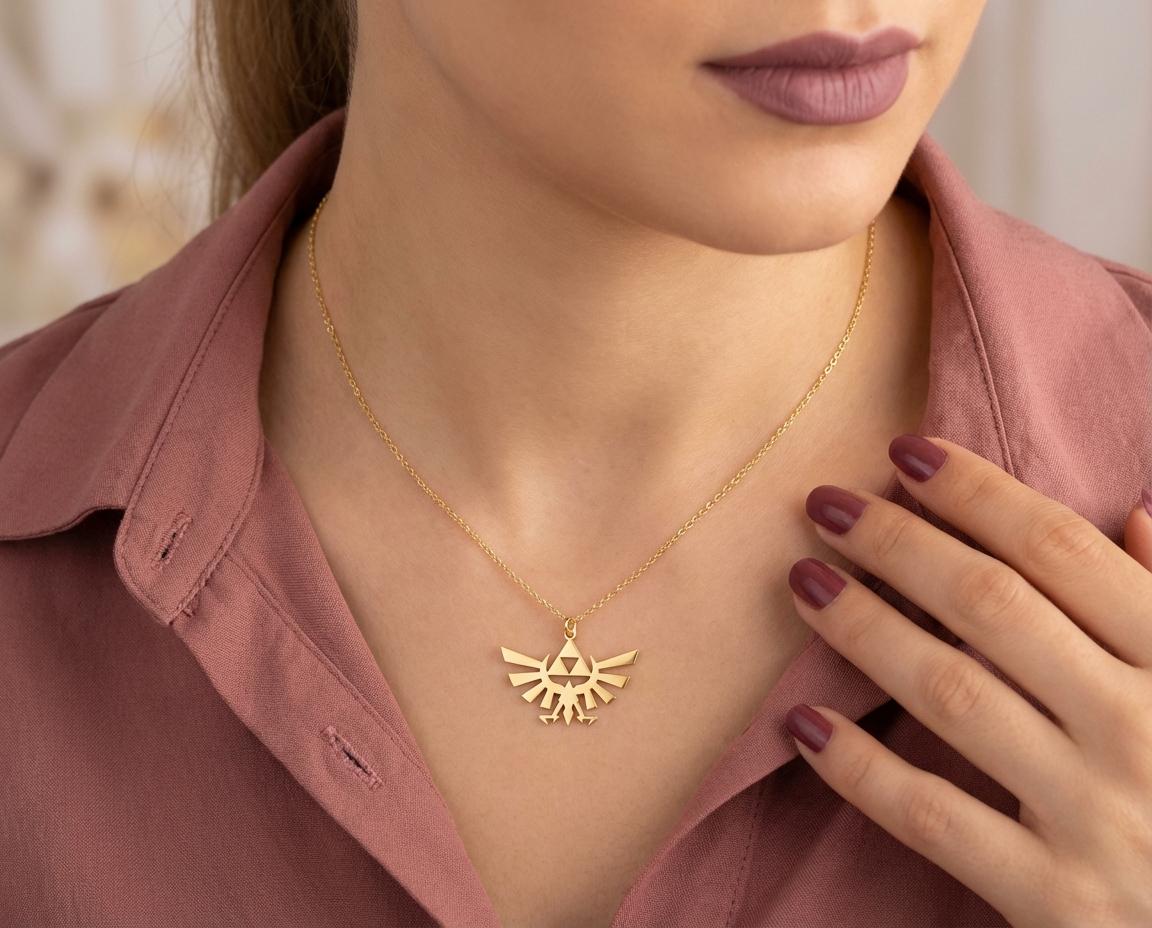Triforce Necklace, Hylian Crest Pendant, Legend of Zelda Jewelry, Royal Family Symbol, Gold Gamer Gift, Hyrule Fantasy Charm, Cosplay Prop