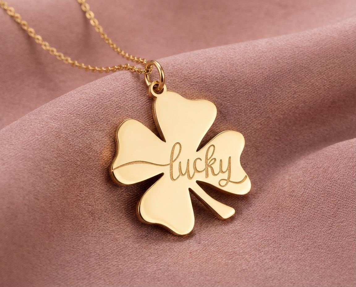 Lucky Clover Necklace, Good Luck Charm, Four Leaf Clover Pendant, Inspirational Word Jewelry, New Job Gift, Graduation Gift for Her