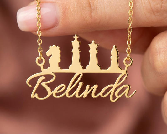 Custom Chess Name Necklace, King Queen Bishop Knight Pendant, Chess Lover Gift, Grandmaster Jewelry, Personalized Strategy Game Charm