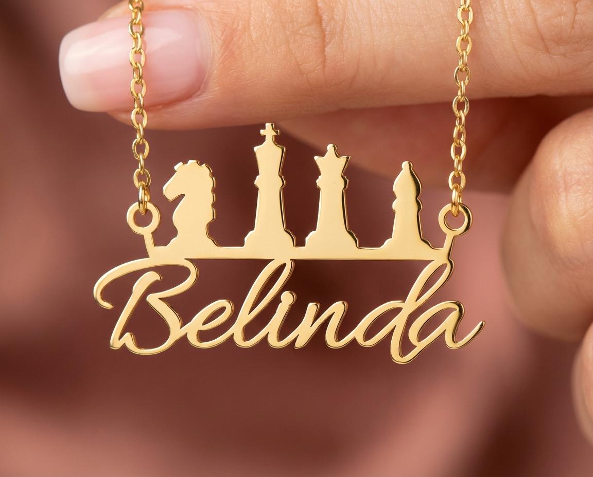 Personalized Name Necklace with Chess Pieces, 18K Gold Plated Nameplate, Custom Gift for Her, Unique Hobby Jewelry, Silver Chess Pendant