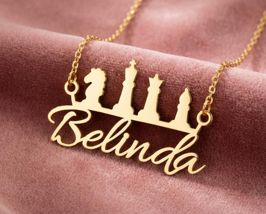 Personalized Name Necklace with Chess Pieces, 18K Gold Plated Nameplate, Custom Gift for Her, Unique Hobby Jewelry, Silver Chess Pendant