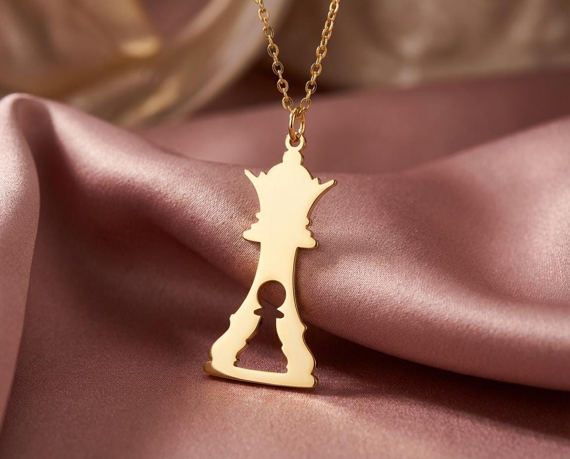 Gold Chess Queen Necklace, Pawn Inside Queen Pendant, Strategy Game Lover Gift, Grandmaster Jewelry, Checkmate Charm, Board Game Accessory