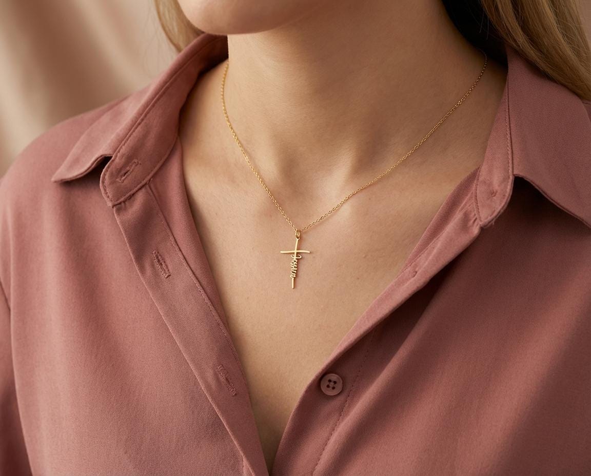 Gold Cross Name Necklace, Sterling Silver Custom Nameplate, Christian Jewelry for Women, Christmas Gift for Mom, Vertical Name Cross Pendant