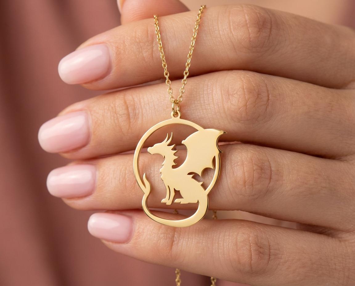 Gold Dragon Pendant, Cutout Circle Necklace, Sterling Silver Dragon Silhouette, Minimalist Animal Jewelry, Unique Statement Necklace