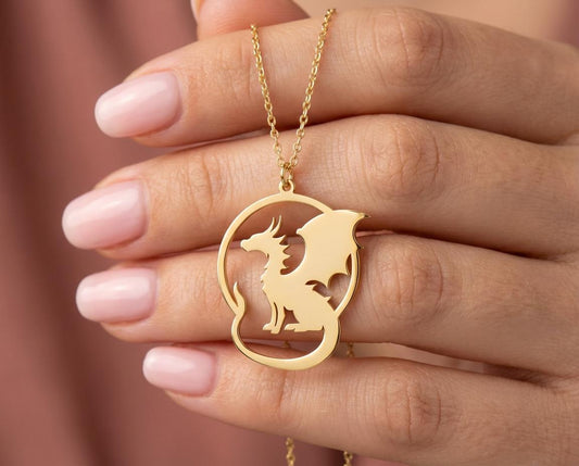 Gold Dragon Pendant, Cutout Circle Necklace, Sterling Silver Dragon Silhouette, Minimalist Animal Jewelry, Unique Statement Necklace
