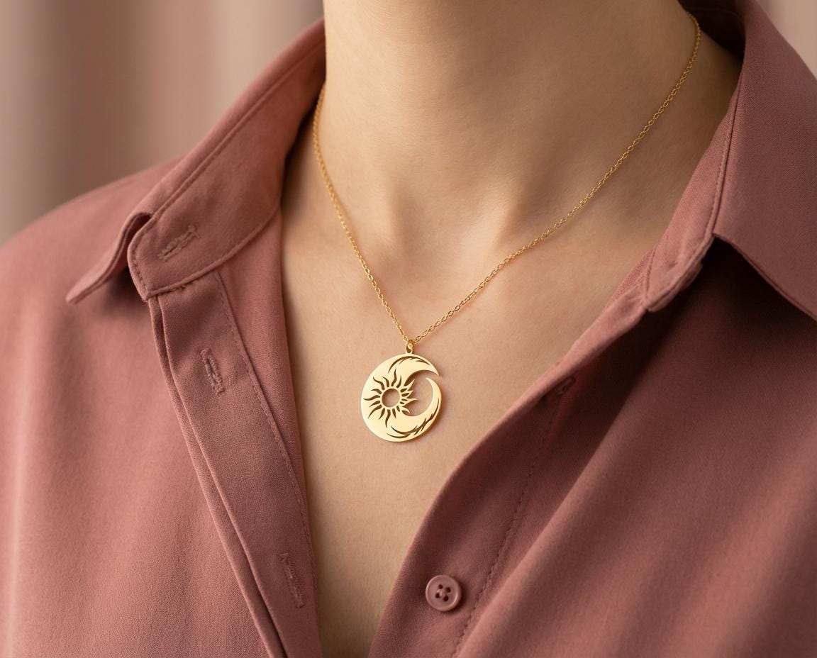 Sun and Moon Necklace, Celestial Pendant, Boho Jewelry, Crescent Moon Charm, Astrology Gift, Gold Sky Necklace, Galaxy Jewelry