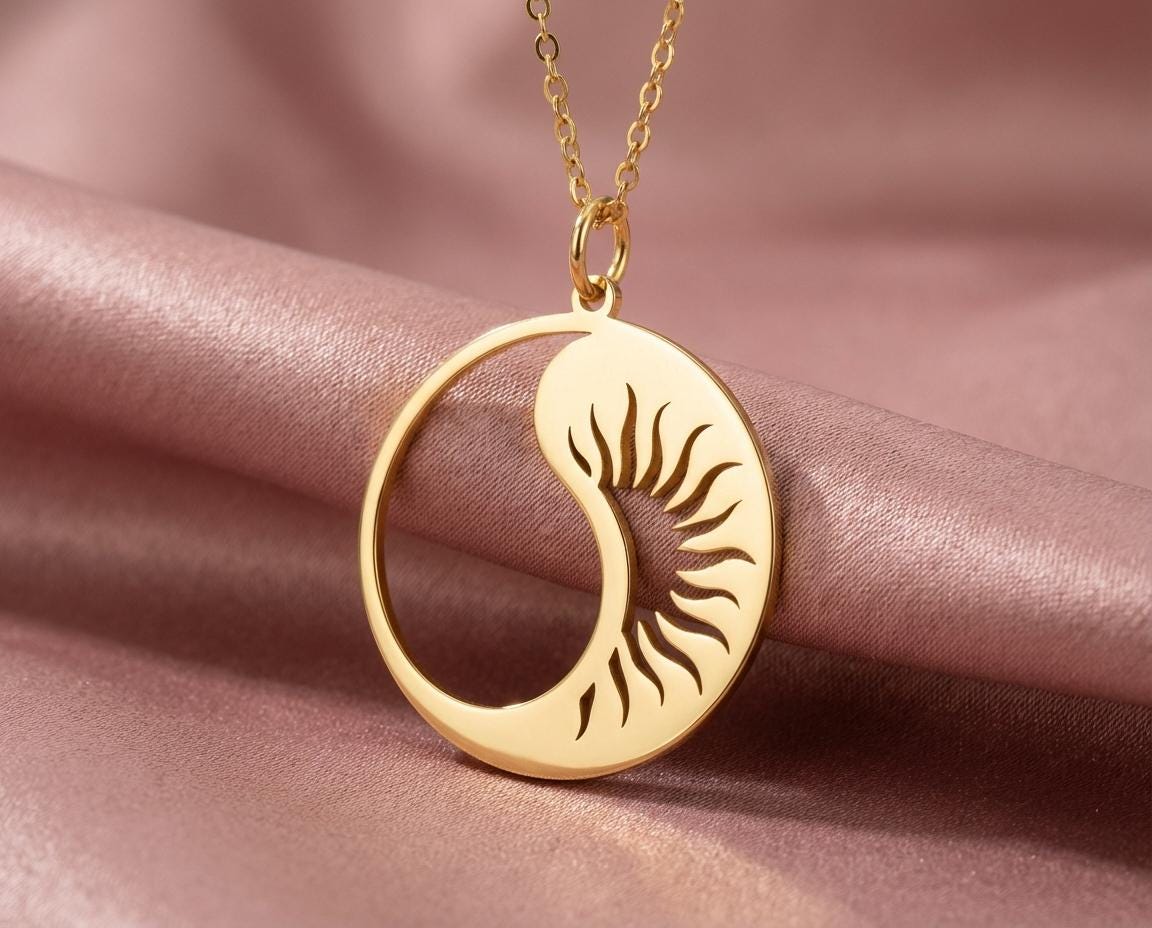Yin Yang Sun and Moon Necklace, Gold Balance Pendant, Taoist Jewelry, Day and Night Charm, Zen Necklace, Spiritual Gift, Harmony Symbol