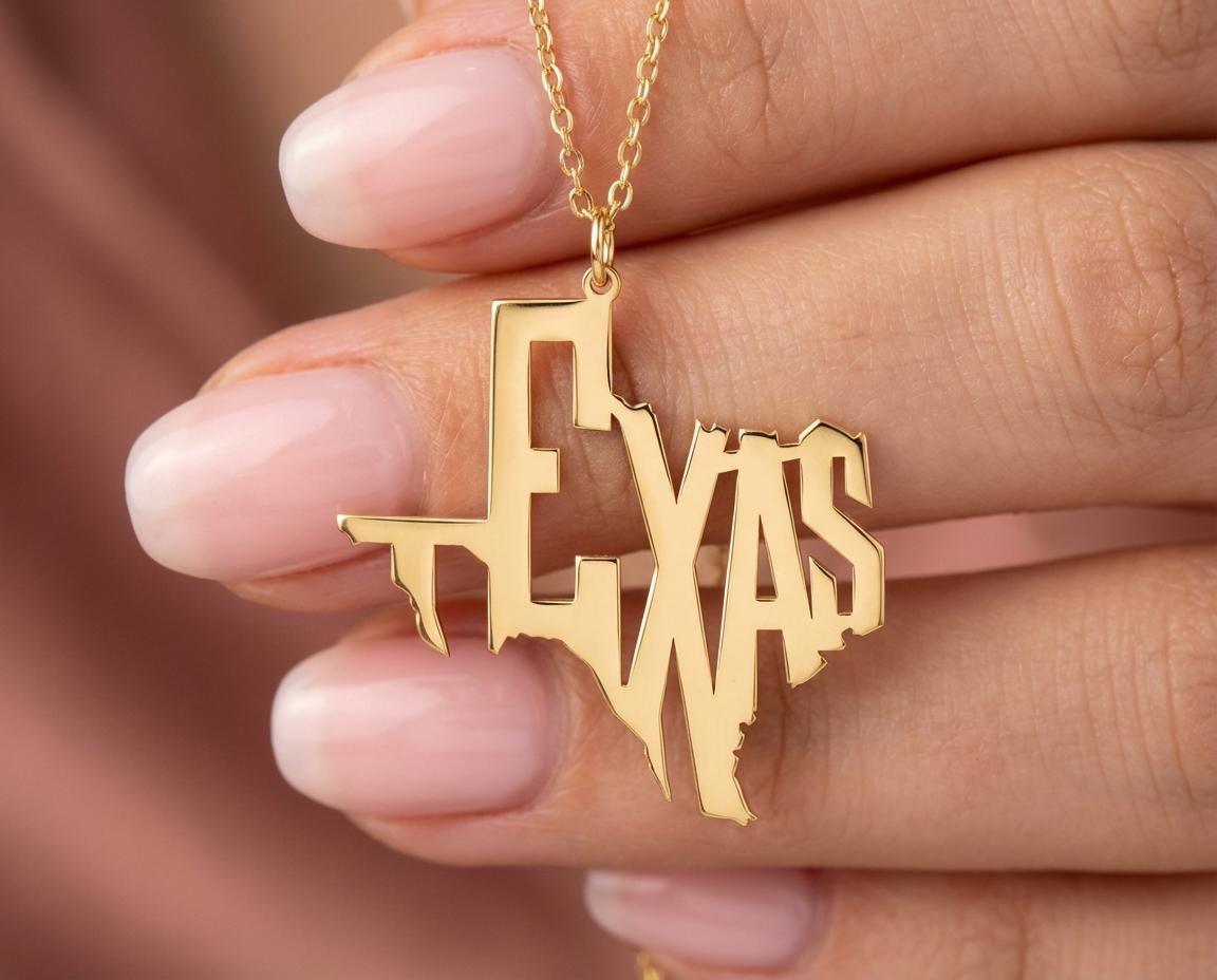 Western Jewelry, Cowgirl Necklace, Texas Script Pendant, Southern Belle Gift, Rodeo Jewelry, Country Style Necklace, 18K Gold Plated