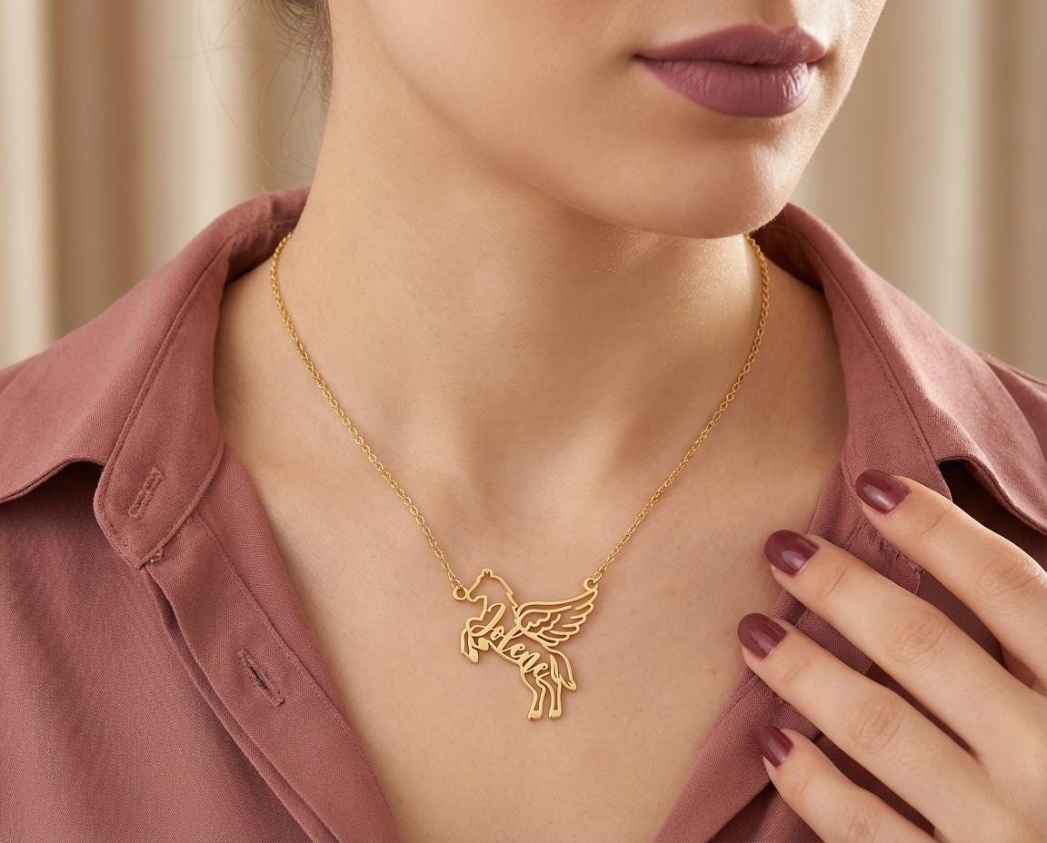 Personalized Pegasus Necklace, Custom Name Winged Horse Pendant, 18K Gold Plated Silver Jewelry, Mythology Gift for Her, Equestrian Charm