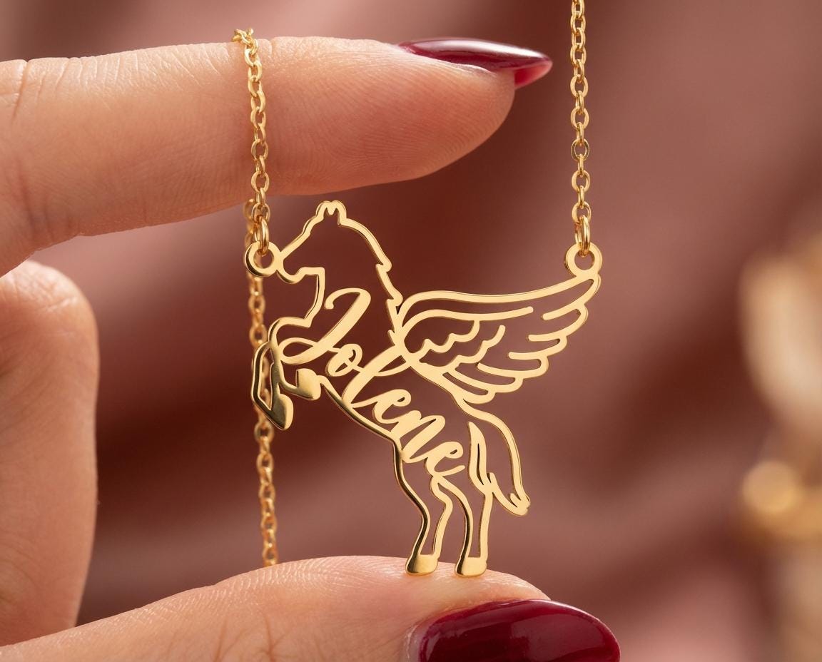 Personalized Pegasus Necklace, Custom Name Winged Horse Pendant, 18K Gold Plated Silver Jewelry, Mythology Gift for Her, Equestrian Charm