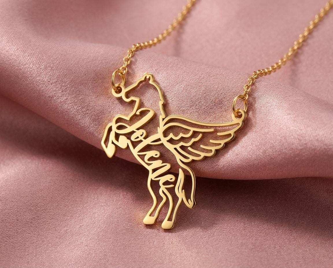 Personalized Pegasus Necklace, Custom Name Winged Horse Pendant, 18K Gold Plated Silver Jewelry, Mythology Gift for Her, Equestrian Charm