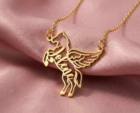 Personalized Pegasus Necklace, Custom Name Winged Horse Pendant, 18K Gold Plated Silver Jewelry, Mythology Gift for Her, Equestrian Charm