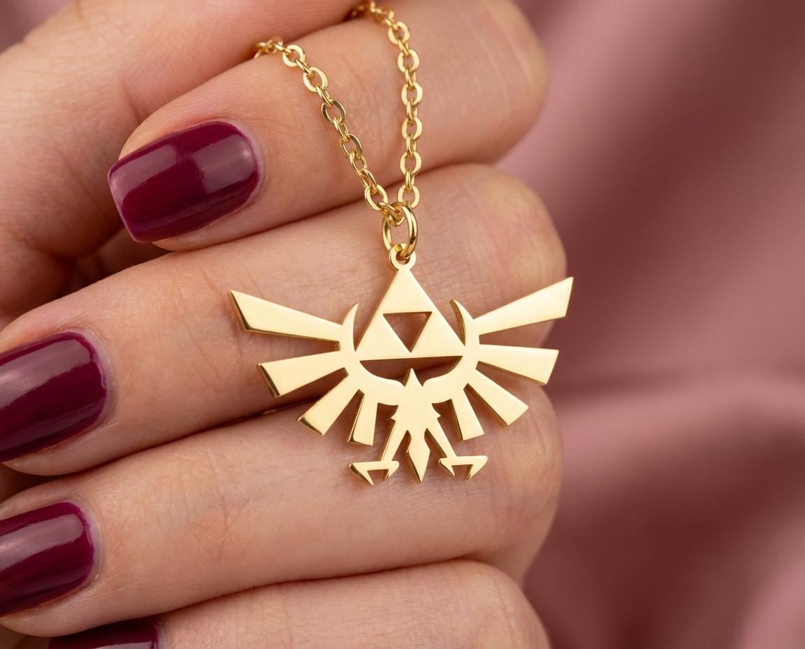 Triforce Necklace, Hylian Crest Pendant, Legend of Zelda Jewelry, Royal Family Symbol, Gold Gamer Gift, Hyrule Fantasy Charm, Cosplay Prop
